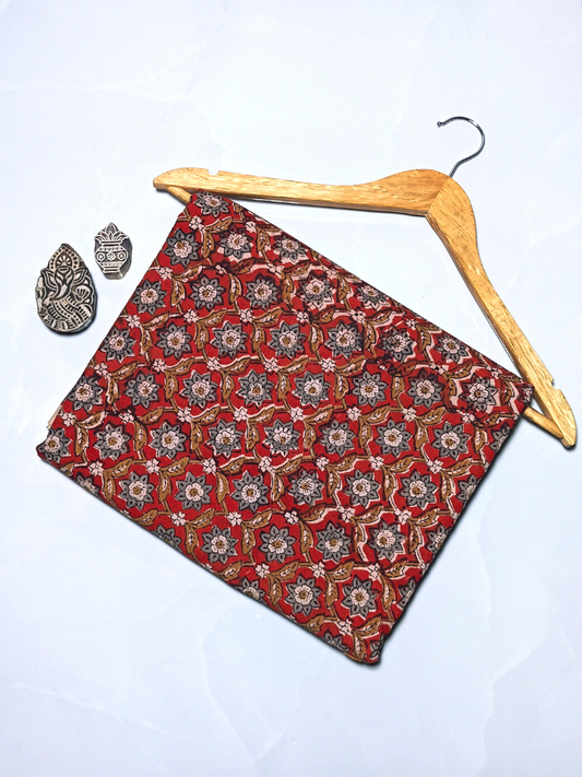 Bagru Kalamkari Grey Flower Floral With  Mustrad Yellow Leave Print