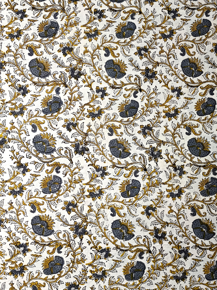 Kalamkari Honey Flower Jaal Cream Base , Leave And Phoda Yellow Colour Hand Block Print Fabric