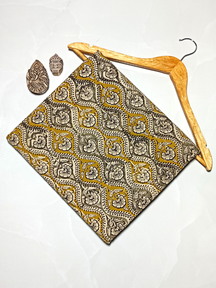 Bagru Kalamkari Yellow And Grey Floral Butti Jaal Print