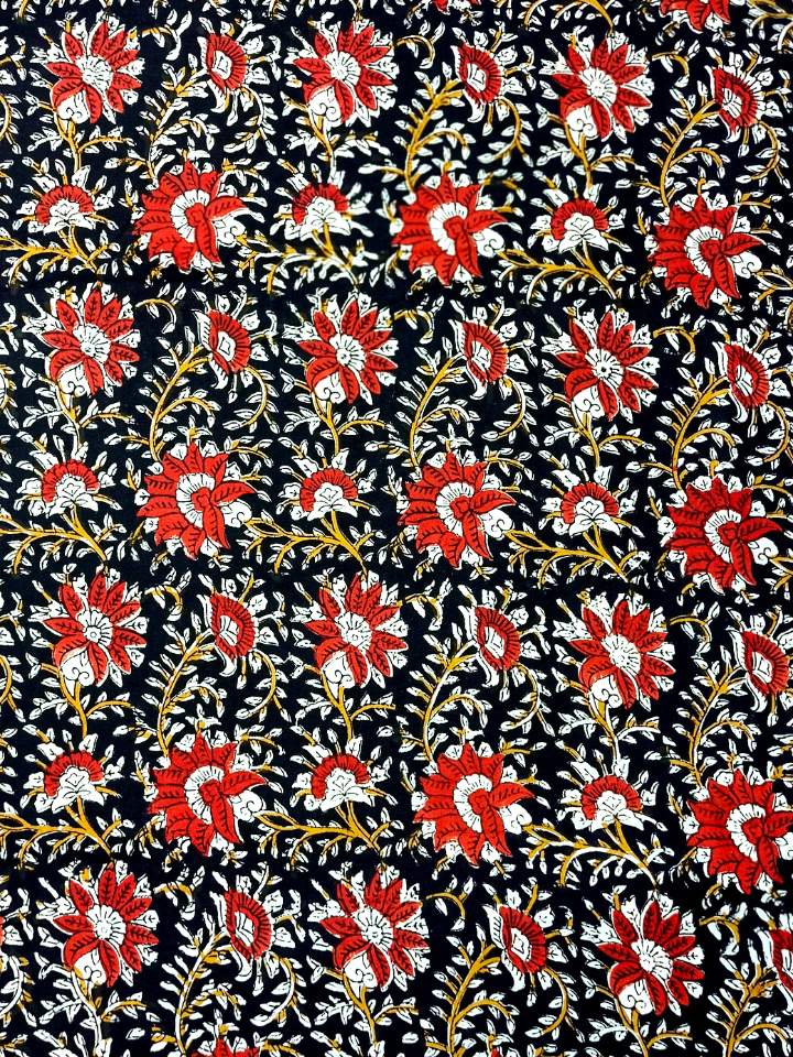 Kalamkari Flower Jaal Base Black Flower Red And Leave Off White Colour Block Print Fabric