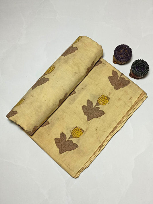 Ajrak Kashish Yellow Flower Single Butta With Brown Leaves Print Fabric