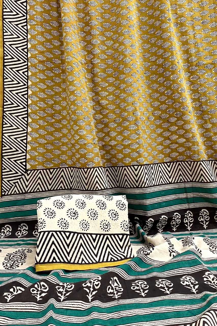 Flower Small Butti Bagru Print Off Yellow Base With Off Black Flower With Zig Zag Border Black Colour Hand Block Print Saree