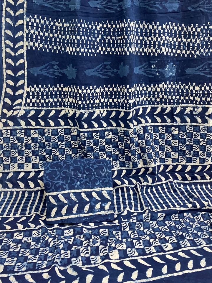 Zig Zag Jaal 2 Kaam Kalamkari Flower Indigo Base With Bander Border Off White Hand Block Print