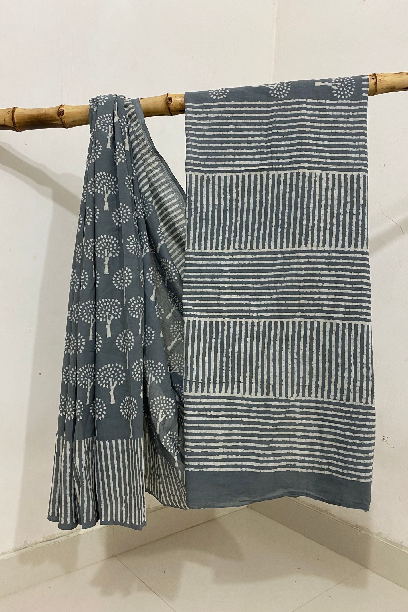 Small Straight Grey Base With Mud Dabu Hand Block Print Saree