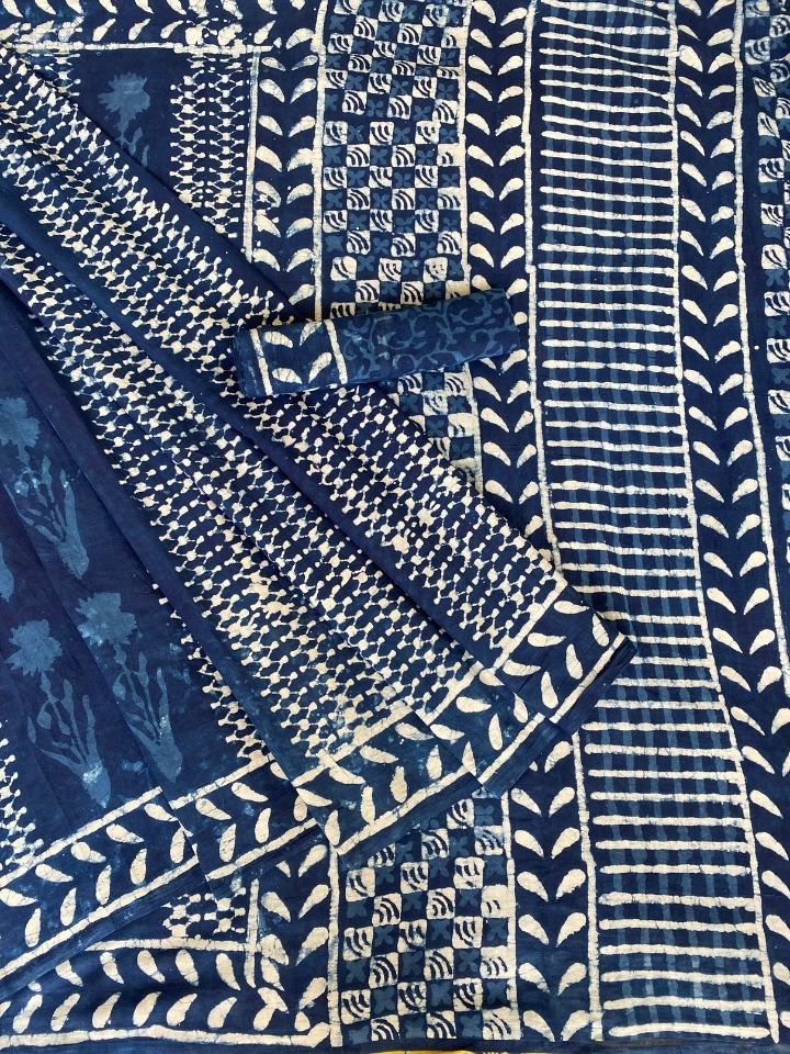 Zig Zag Jaal 2 Kaam Kalamkari Flower Indigo Base With Bander Border Off White Hand Block Print