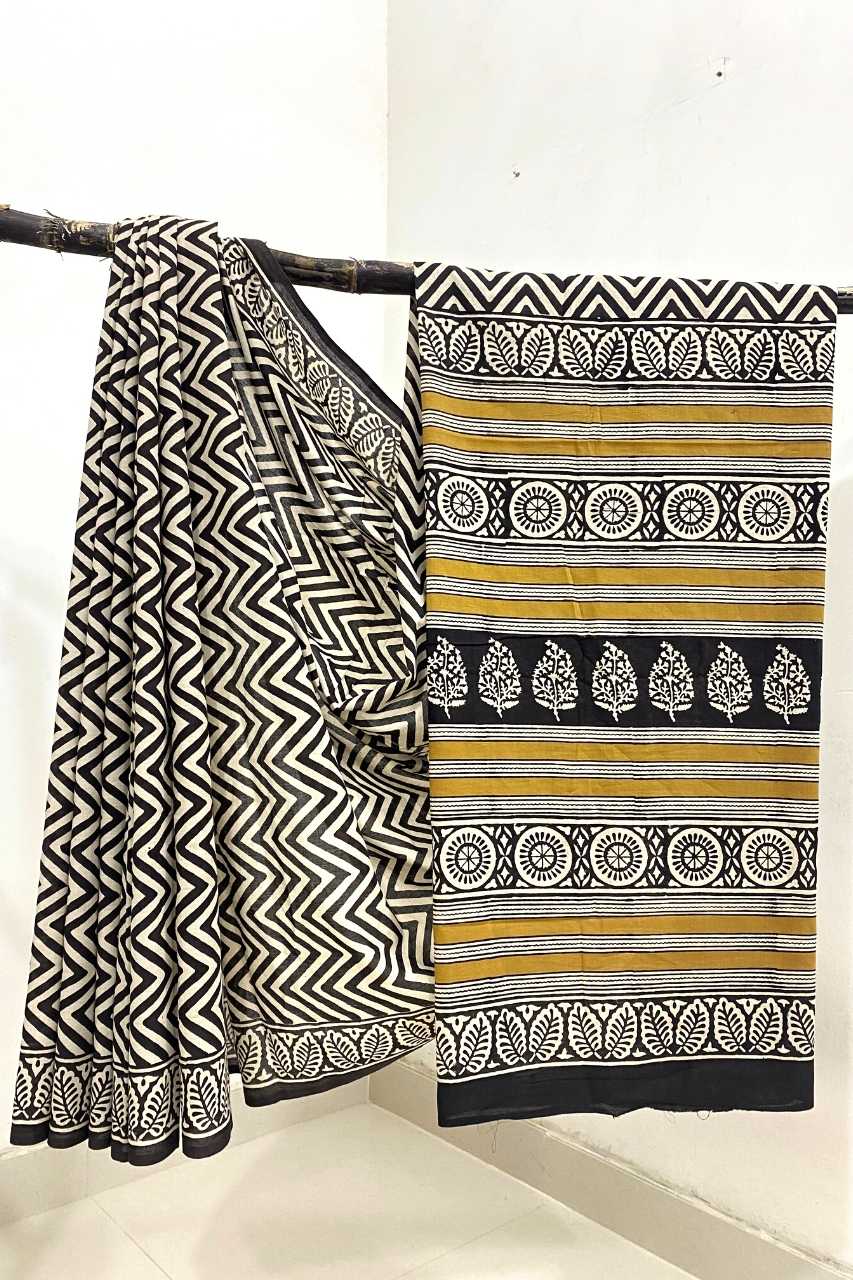 Zig Zag Bagru Print Off White And Black Base With Pan Design Border Black Colour Hand Block Print Saree