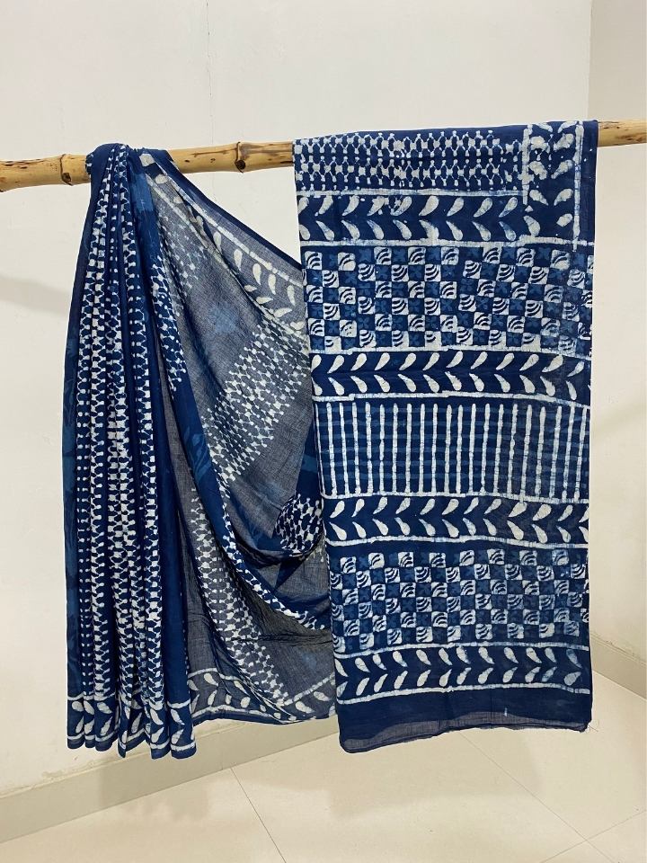 Zig Zag Jaal 2 Kaam Kalamkari Flower Indigo Base With Bander Border Off White Hand Block Print