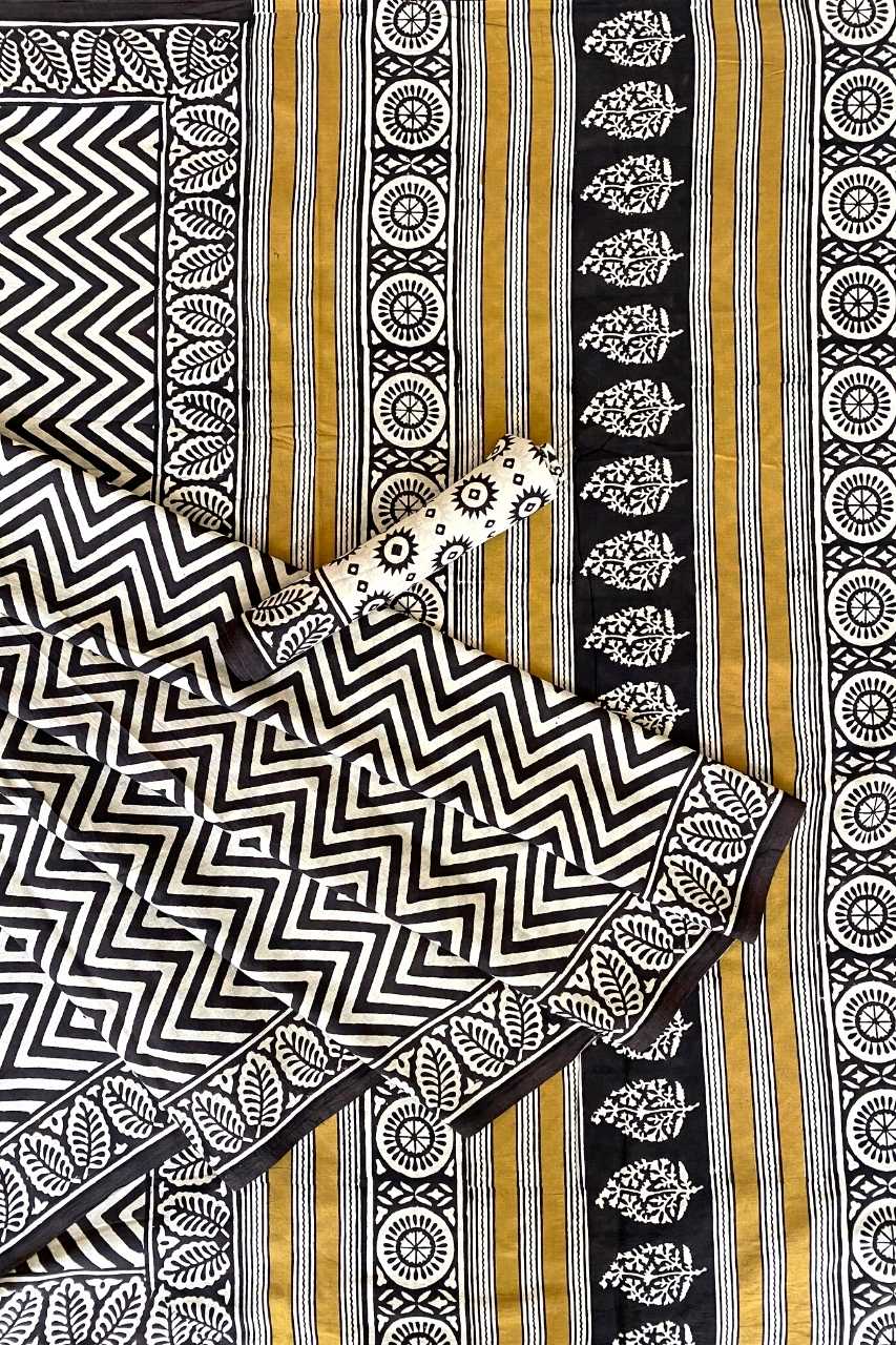 Zig Zag Bagru Print Off White And Black Base With Pan Design Border Black Colour Hand Block Print Saree