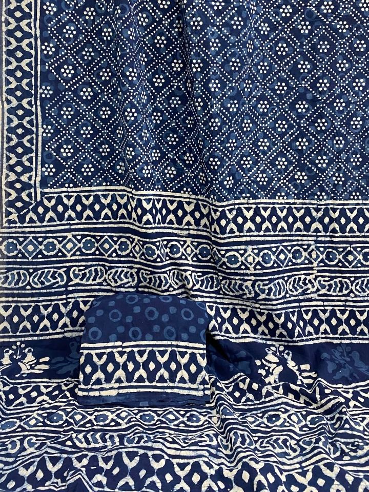 3 Kaam Chokdi Kalamkari Jaal Indigo Base With Off White Mud Dabu Jaal With Katli Off White Mud Border Hand Block Print