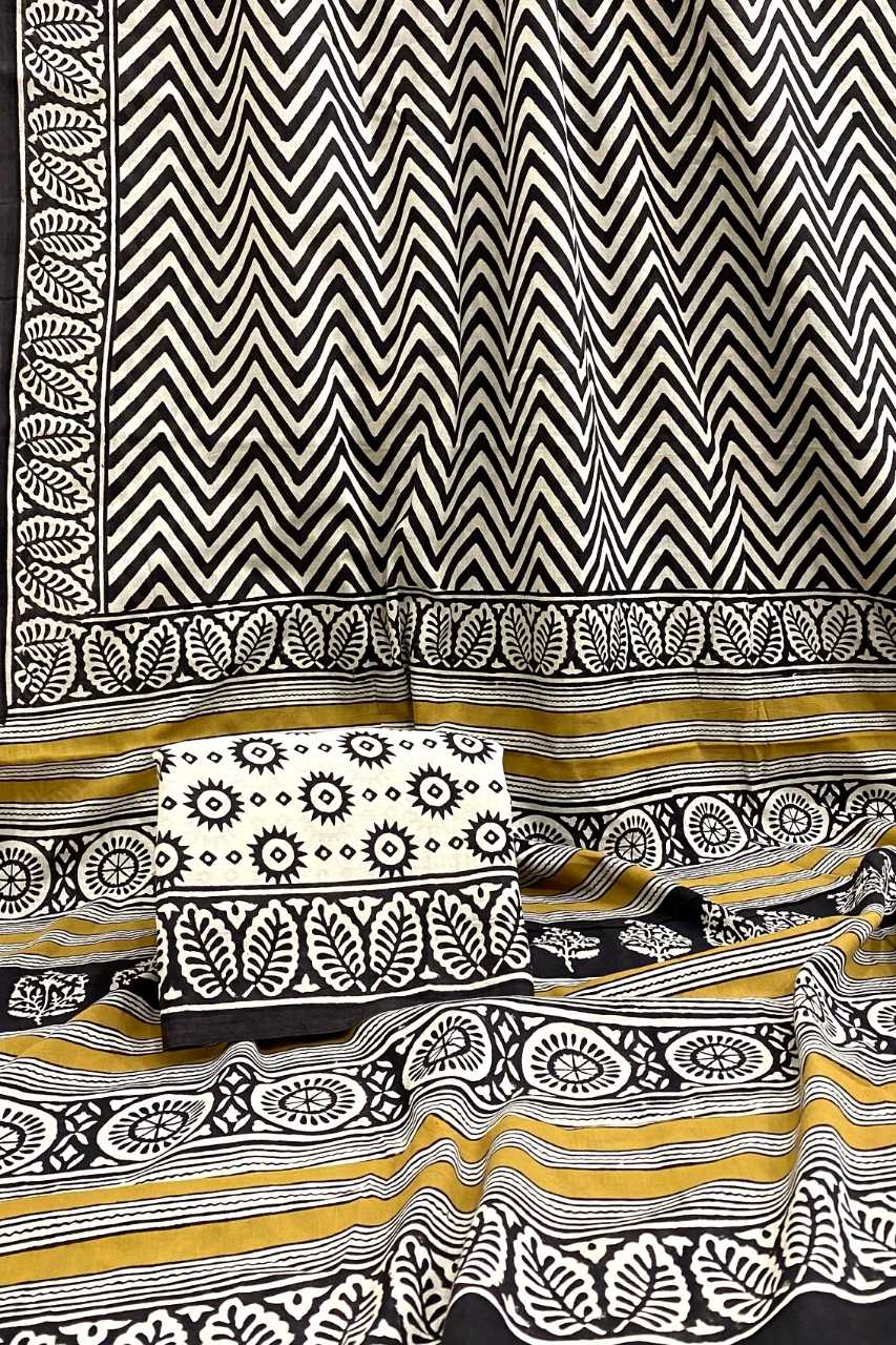 Zig Zag Bagru Print Off White And Black Base With Pan Design Border Black Colour Hand Block Print Saree