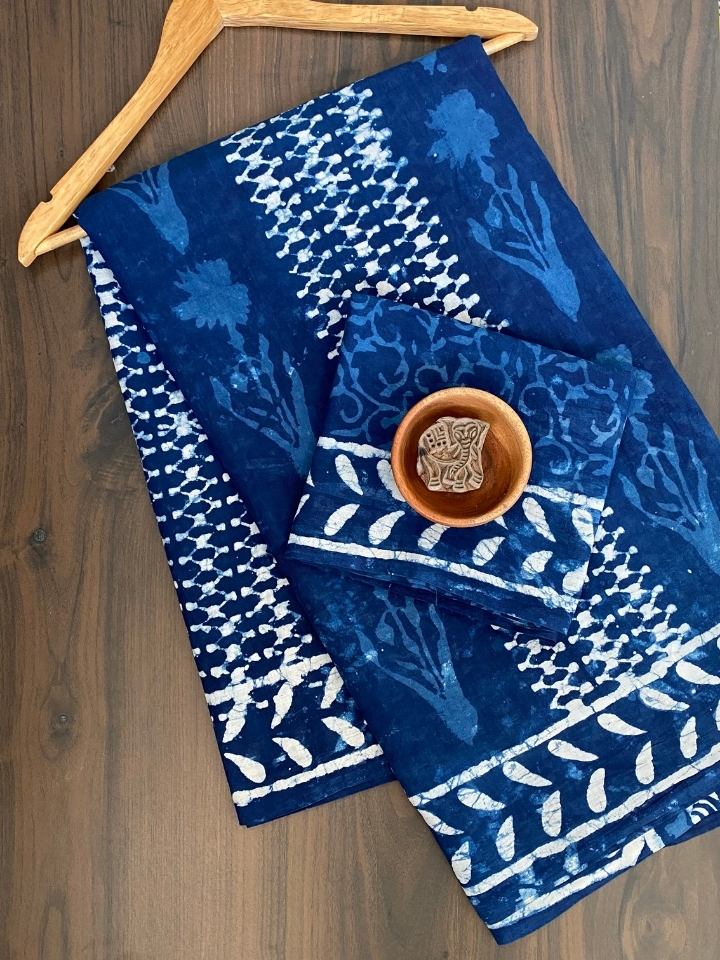 Zig Zag Jaal 2 Kaam Kalamkari Flower Indigo Base With Bander Border Off White Hand Block Print