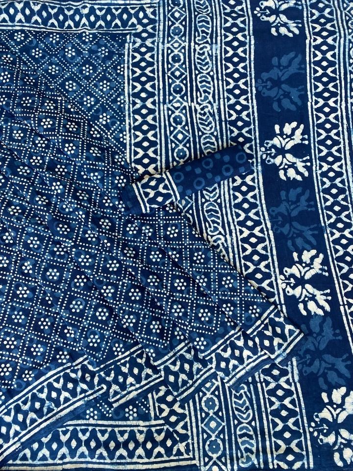 3 Kaam Chokdi Kalamkari Jaal Indigo Base With Off White Mud Dabu Jaal With Katli Off White Mud Border Hand Block Print