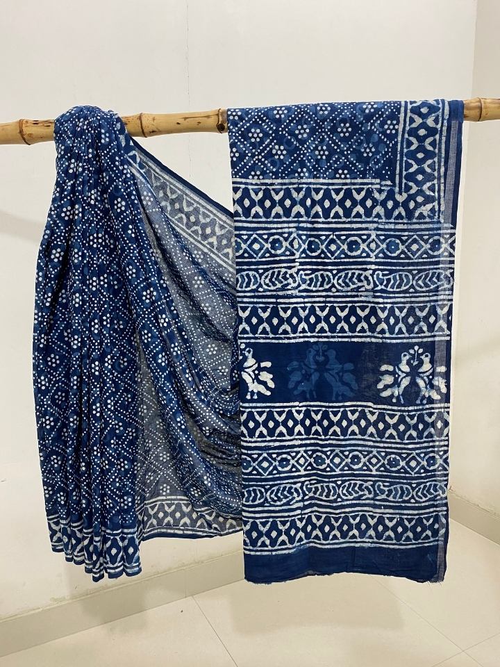 3 Kaam Chokdi Kalamkari Jaal Indigo Base With Off White Mud Dabu Jaal With Katli Off White Mud Border Hand Block Print