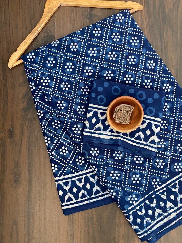 3 Kaam Chokdi Kalamkari Jaal Indigo Base With Off White Mud Dabu Jaal With Katli Off White Mud Border Hand Block Print