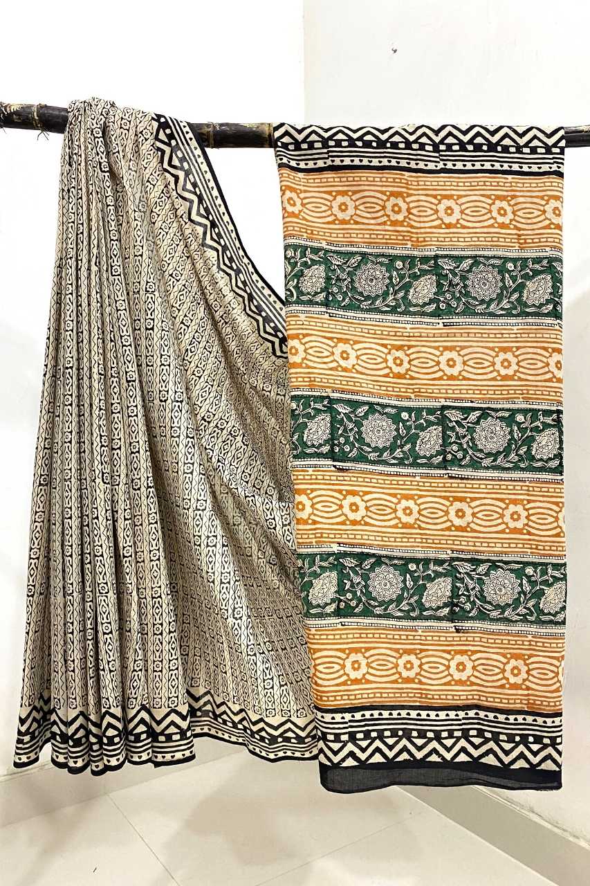 Geometric Straight Silli Bagru Print Off White Base  With Black Silli With Zag Mix Border Black Colour Hand Block Print Saree