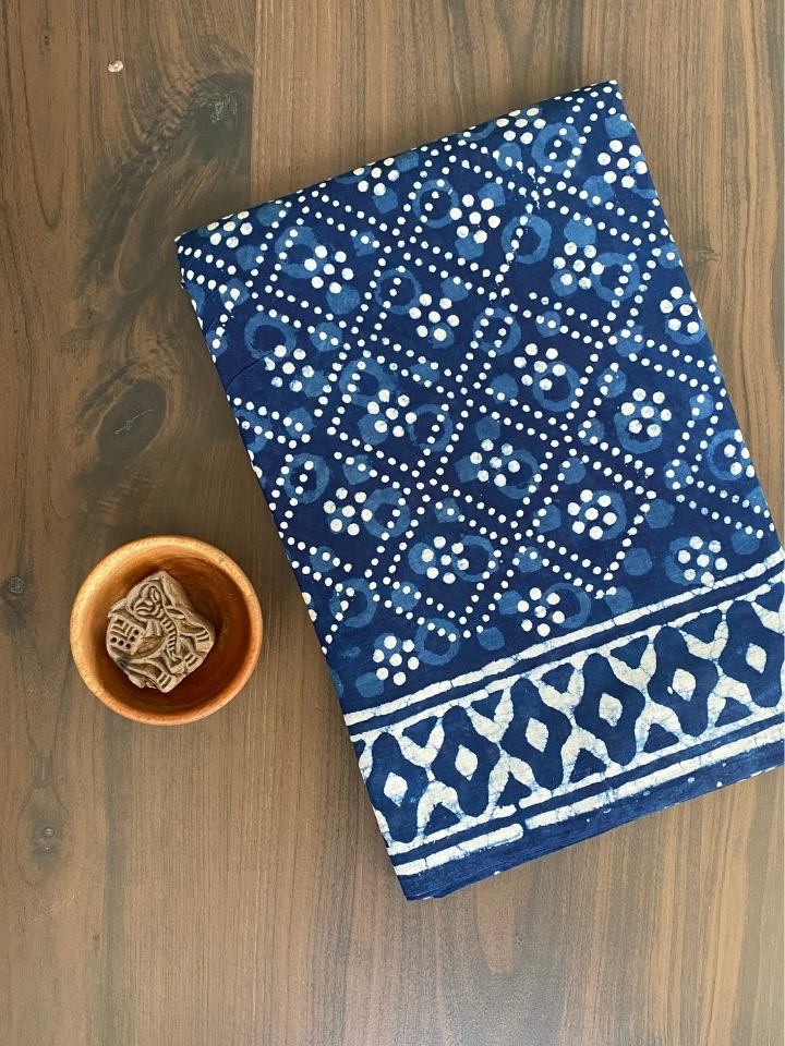 3 Kaam Chokdi Kalamkari Jaal Indigo Base With Off White Mud Dabu Jaal With Katli Off White Mud Border Hand Block Print