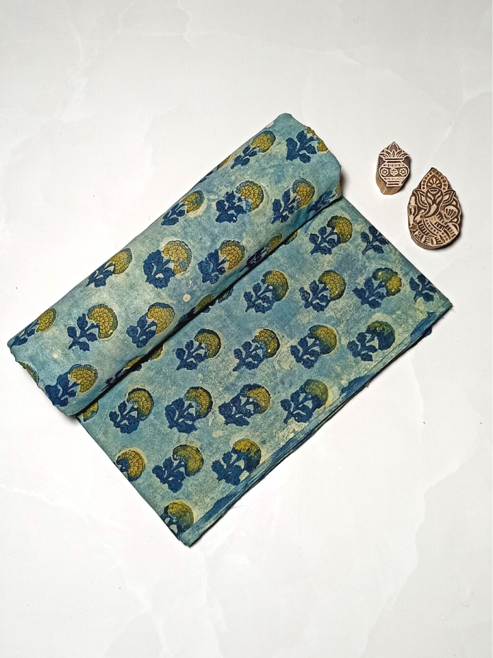 Ajrak Yellow And Indigo Flower With Small Butti Print