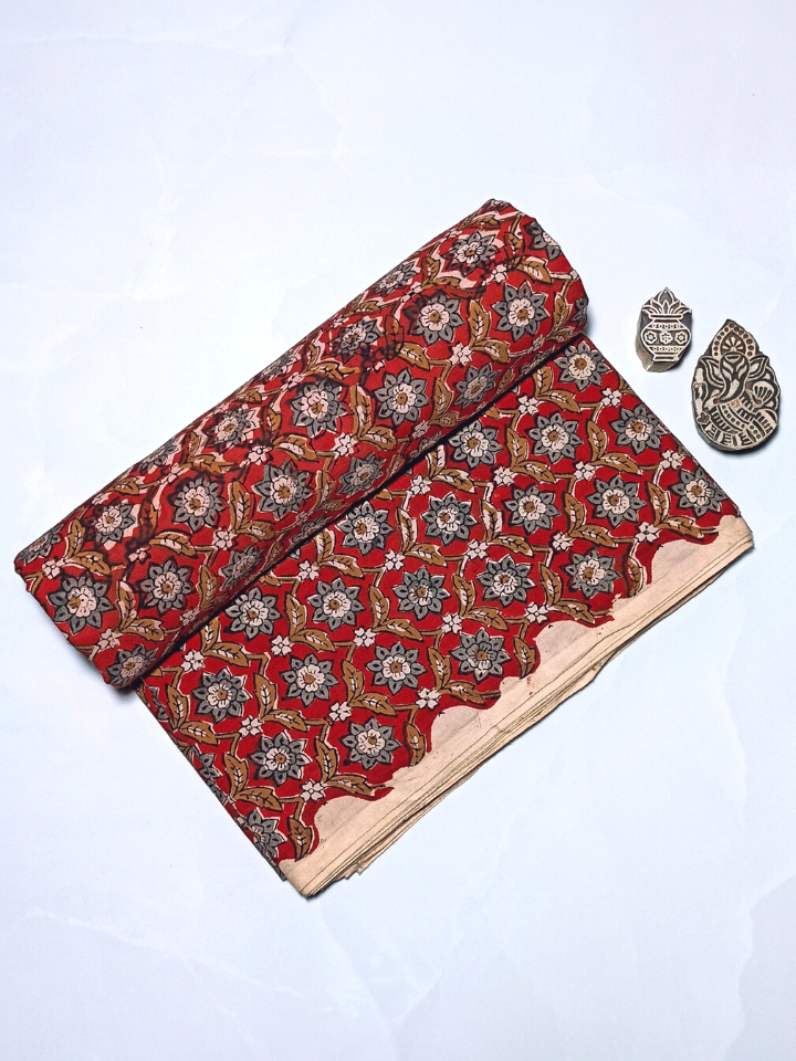 Bagru Kalamkari Grey Flower Floral With  Mustrad Yellow Leave Print