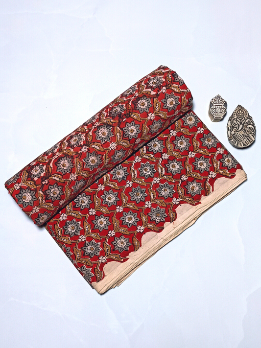 Bagru Kalamkari Grey Flower Floral With  Mustrad Yellow Leave Print