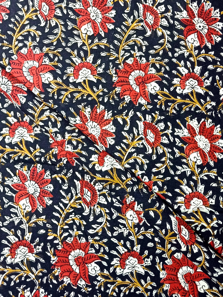 Kalamkari Flower Jaal Base Black Flower Red And Leave Off White Colour Block Print Fabric