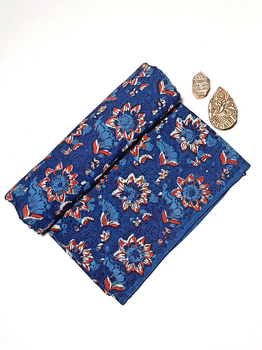 Jawtha Kalamkari Red Flower With Indigo Base Floral Jaal Print