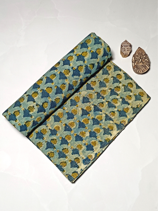 Ajrak Yellow Chhoti Butti With Indigo Leaves Print