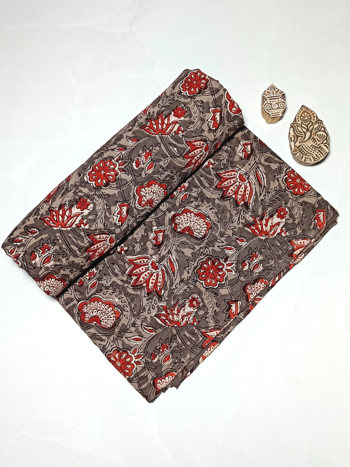 Jawtha Small Red Flower  Jaal With Brown Leaves Print