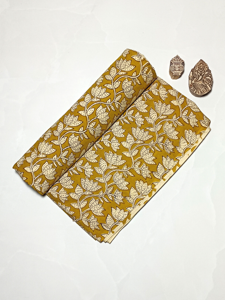 Bagru Kalamkari Yellow And Grey Flower Jaal Print