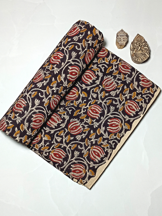 Bagru Kalamkari Red Lotus With Grey Jaal Print