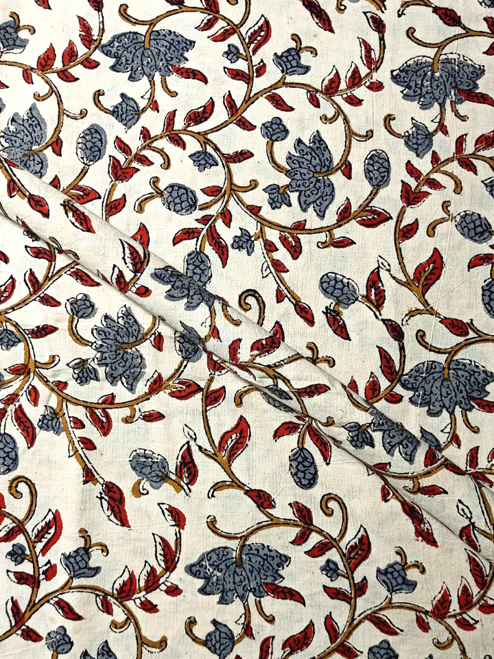 Bagru Kalamkari  Flower Jaal Base Cream , Flower Grey With Red Leave Colour Block Print Fabric