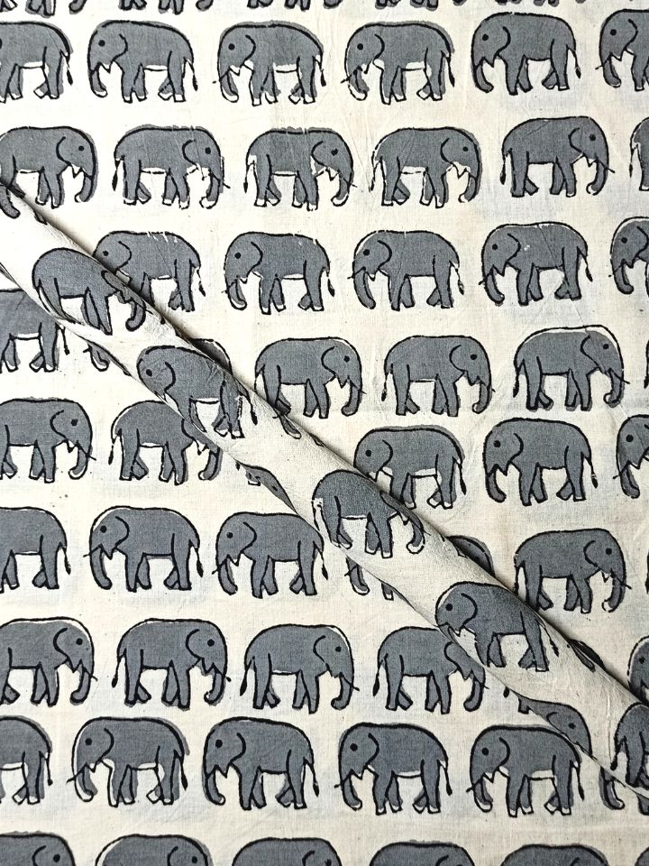 Bagru Hand Block Elephant Print Grey Color  Motif Hand Block Print