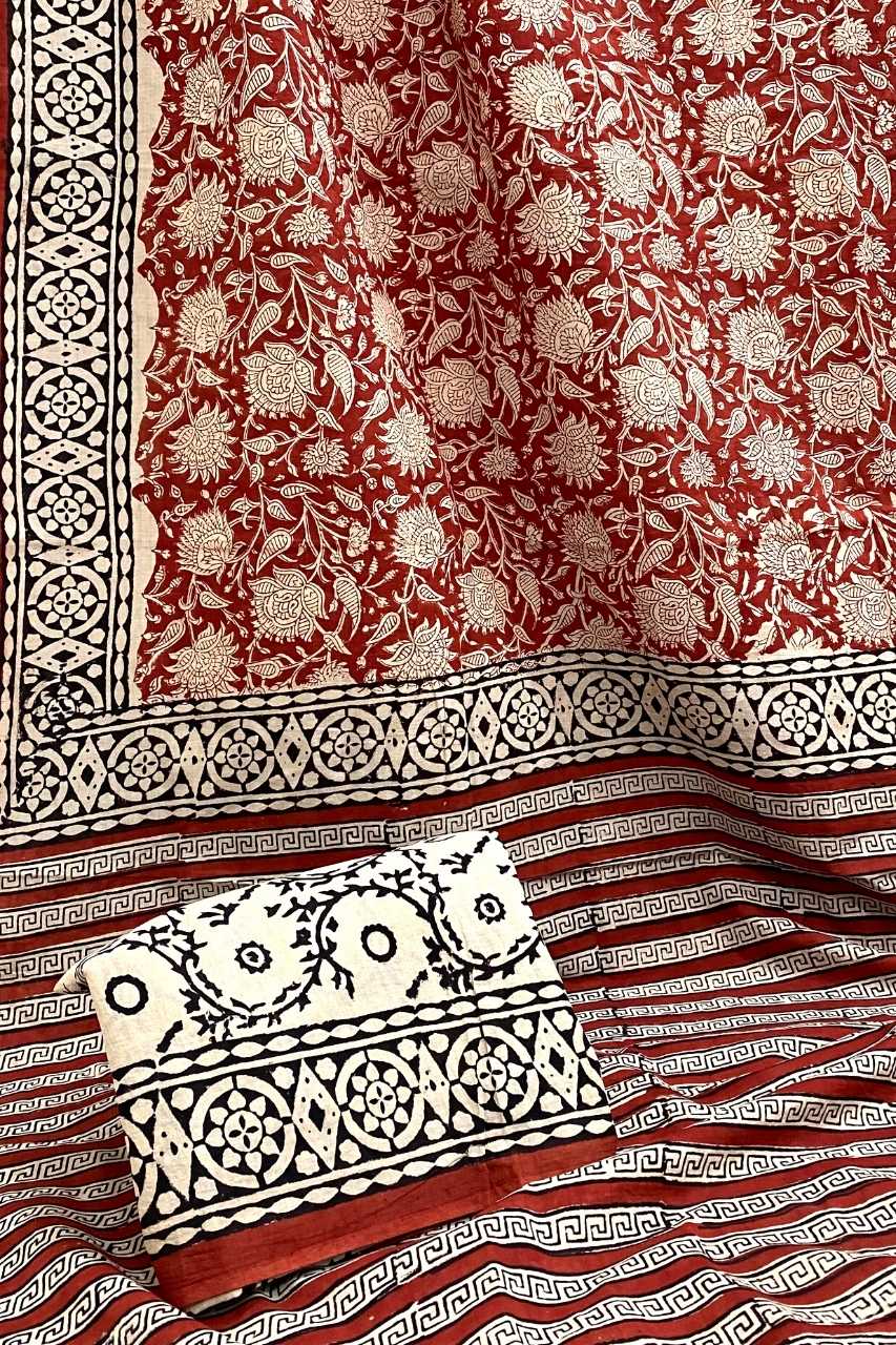 Kalamkari Floral Jaal Red Base With Off Cream Flower With Black Sakpara Border Hand Block Print Saree