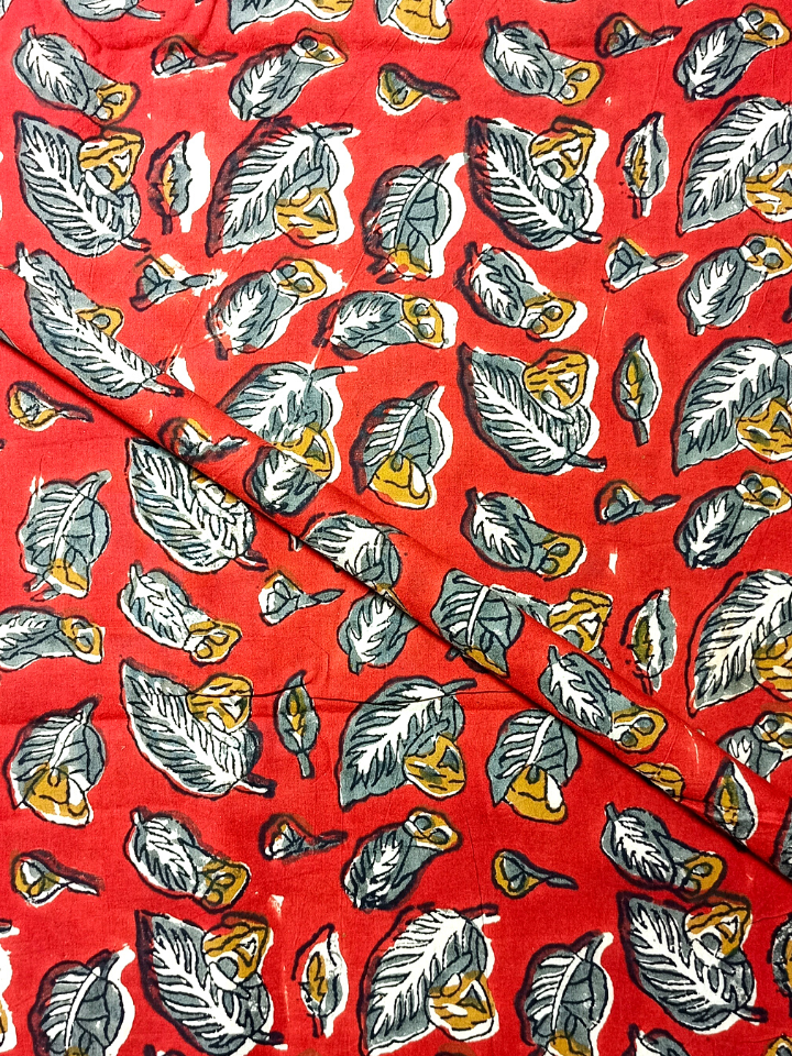 Bagru Print  Leave Motif Base Red With Grey Leave Colour Block Print Fabric