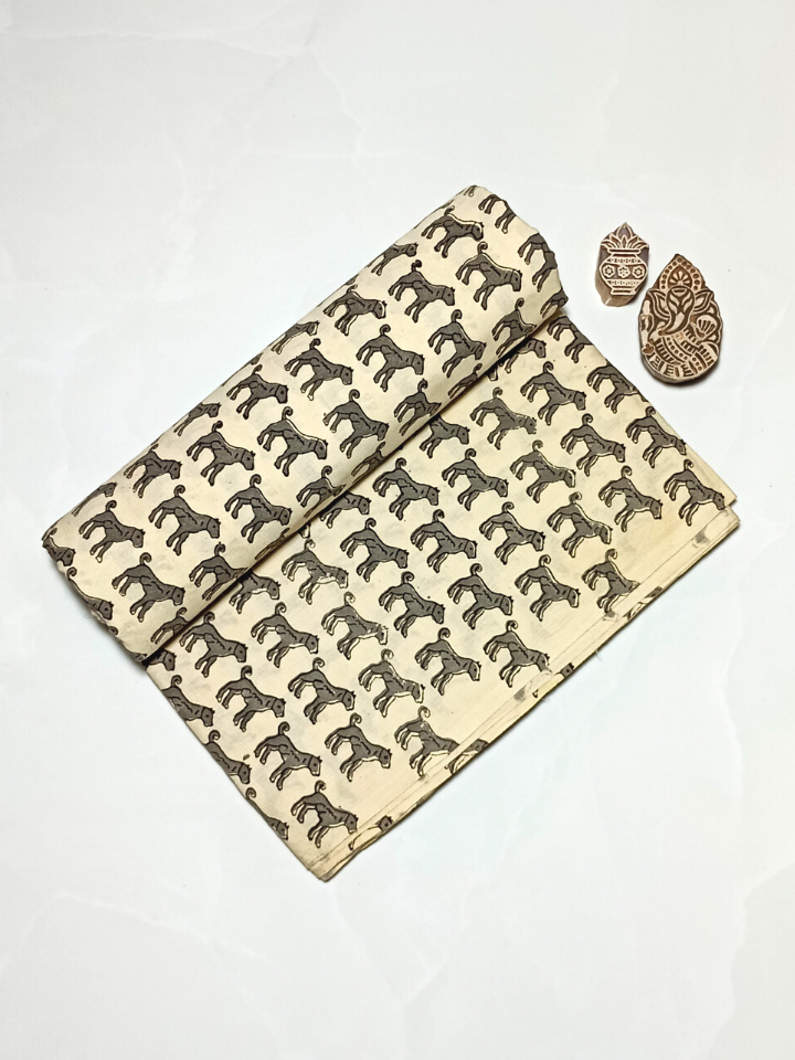 Bagru Grey Dog Motif Hand Block Print