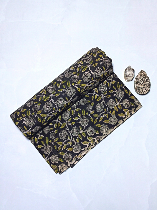 Bagru Kalamkari Grey And Black Jaal Print Fabric