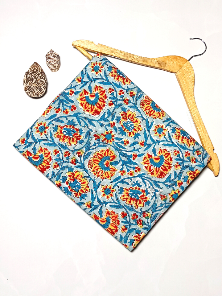 Rapid Sky Blue And Yellow Floral Kalamkari Jaal Print