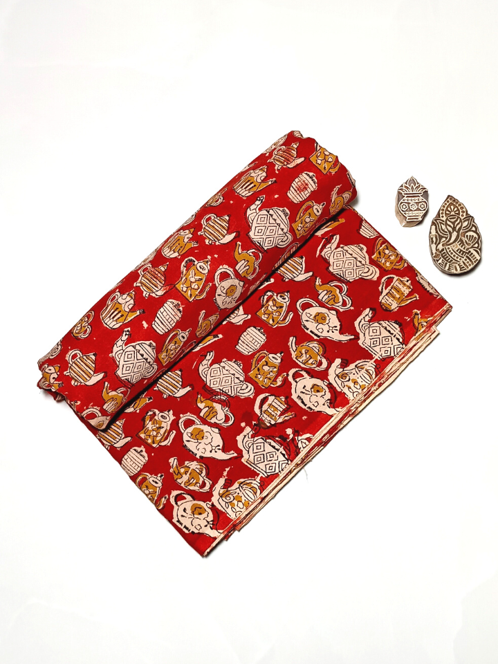 Bagru Kalamkari Yellow And White Motif With Red Base Print