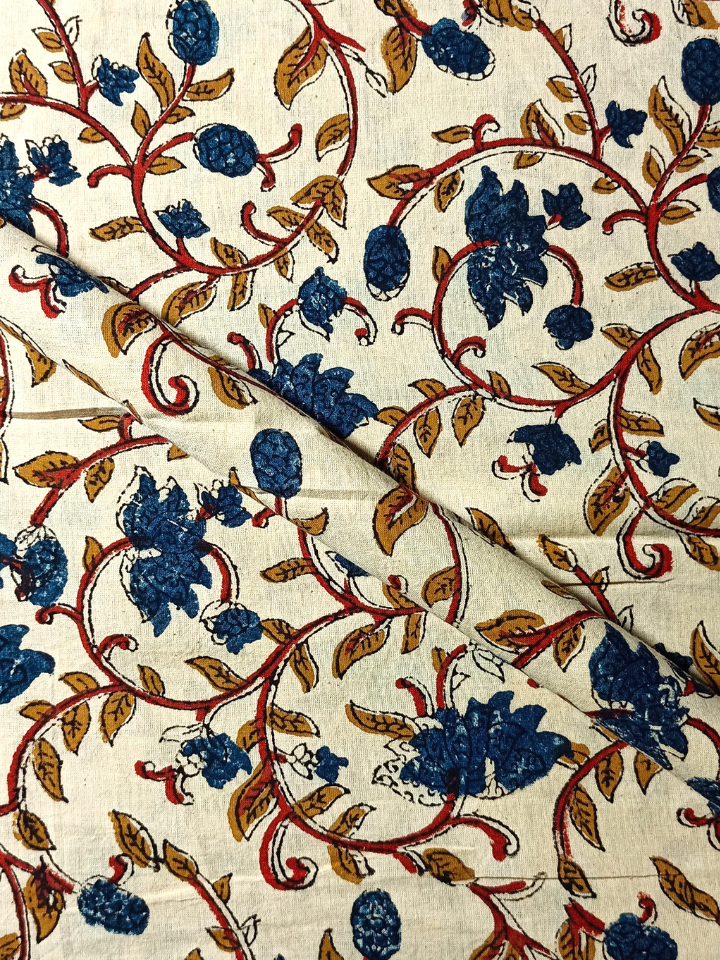 Bagru Kalamkari Flower Jaal Base Cream Flower Blue With Off Yellow Leave Colour Hand Block Print