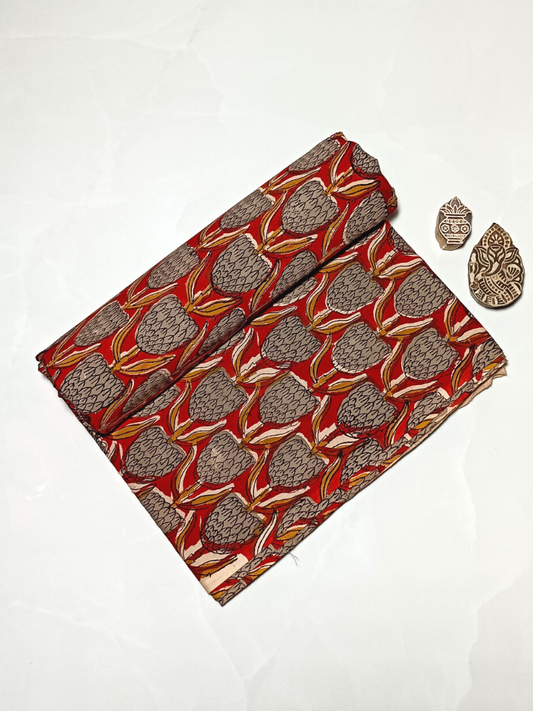 Bagru Kalamkari Grey And Red Floral Butta Print