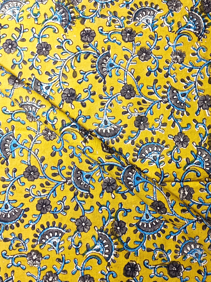 Bagru Floral Kalamkari Jaal 3 Kaam Base Yellow With Flower Grey Leave Off White Blue Colour Block Print Fabric