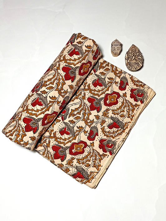 Bagru Kalamkari Red And Brown Floral Jaal Block Print