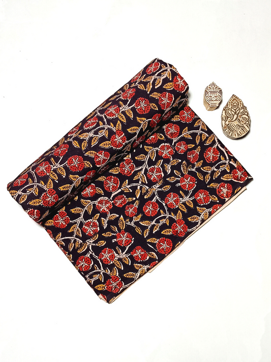 Bagru Kalamkari Red With Green Leave Jaal Print Fabric