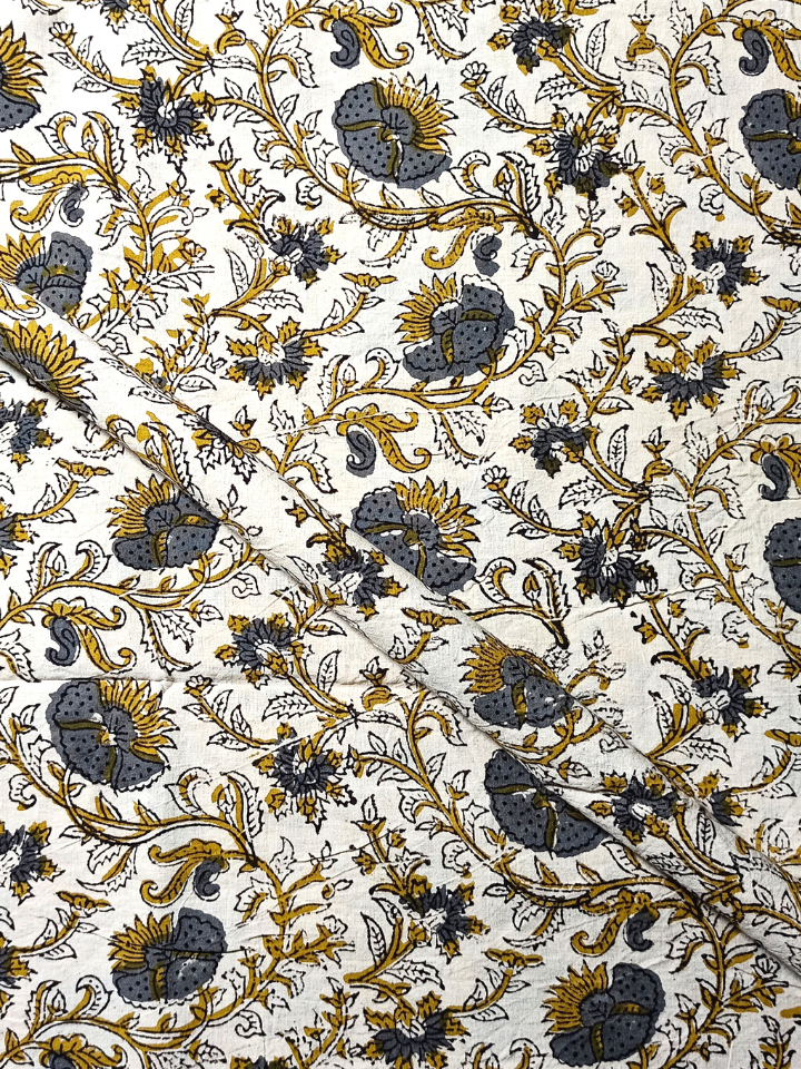 Kalamkari Honey Flower Jaal Cream Base , Leave And Phoda Yellow Colour Hand Block Print Fabric