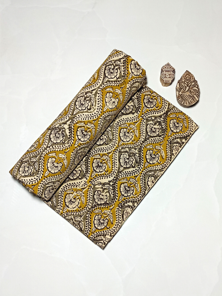 Bagru Kalamkari Yellow And Grey Floral Butti Jaal Print