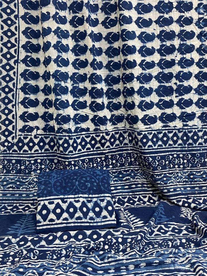 Keri Ki Ghad Single Kaam Off White Dabu Base With Indigo Keri Jaal With Double Chokdi Border Off Dabu Base Hand Block Print