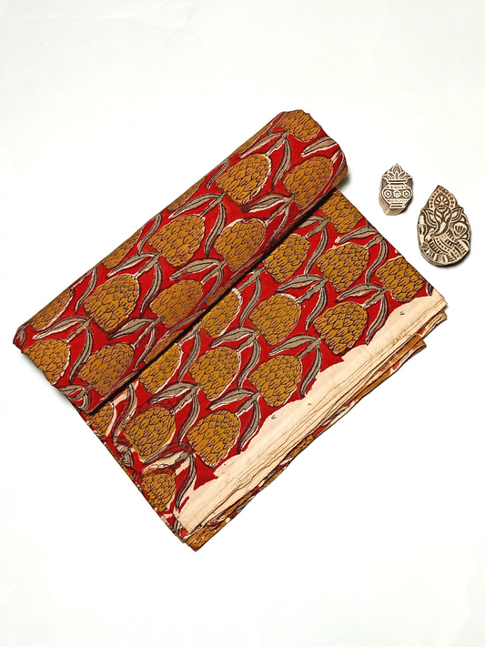 Bagru Kalamkari Mustrad Yellow Butta With Red Base Print