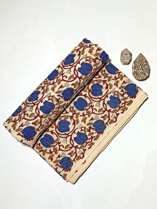 Bagru Kalamkari Blue Lotus With Red Root Jaal Print