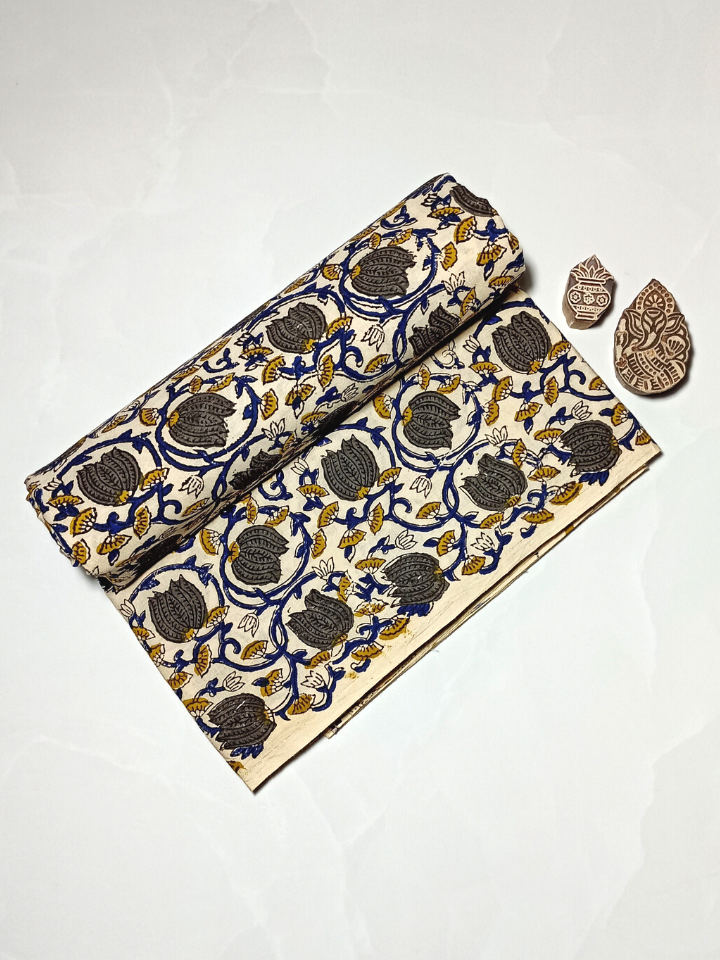 Bagru Kalamkari  Grey Lotus Jaal Flower With Blue Root Print