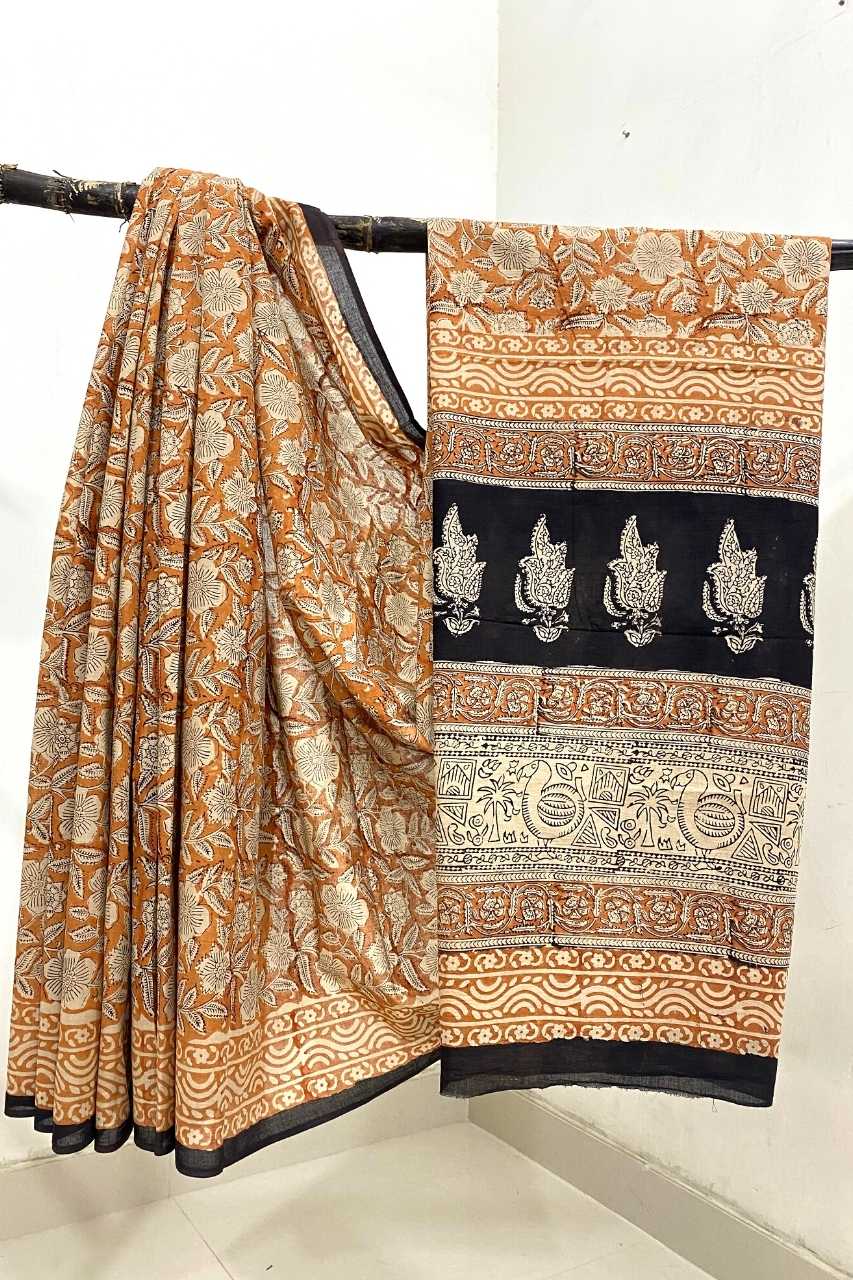 Mughal Bagru Kalamkari Print Off Yellow Base With Off White Colour Flower With Jalebi Border Off White Colour Hand Block Print Saree