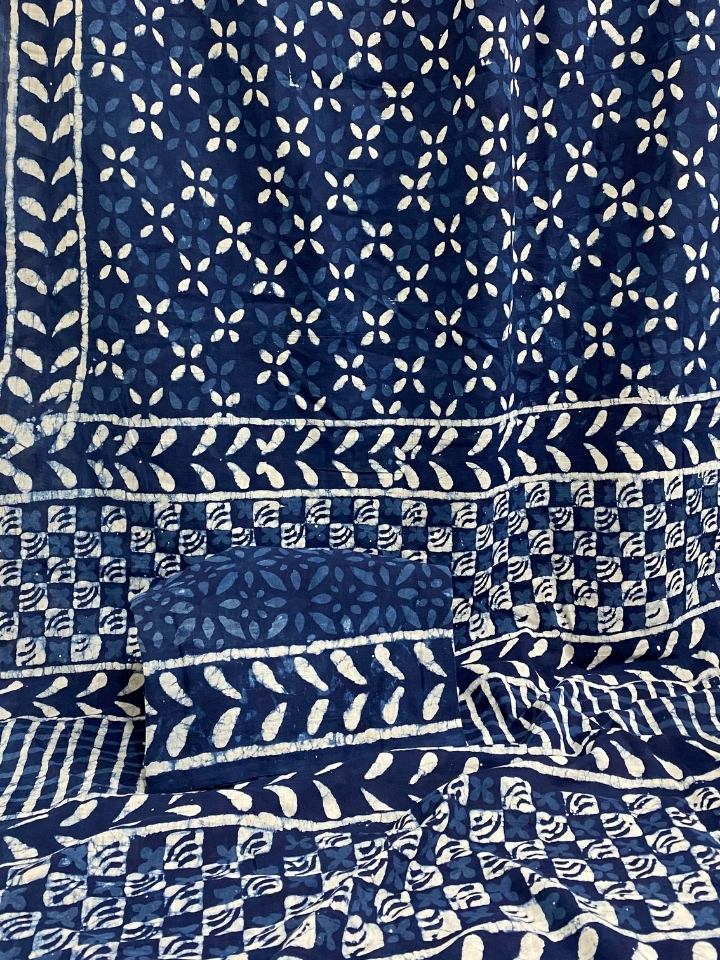 Krista Butti 2 Kaam Mud Dabu Indigo Base With Butti Off White With Gungur Dabu Mud Border Hand Block Print